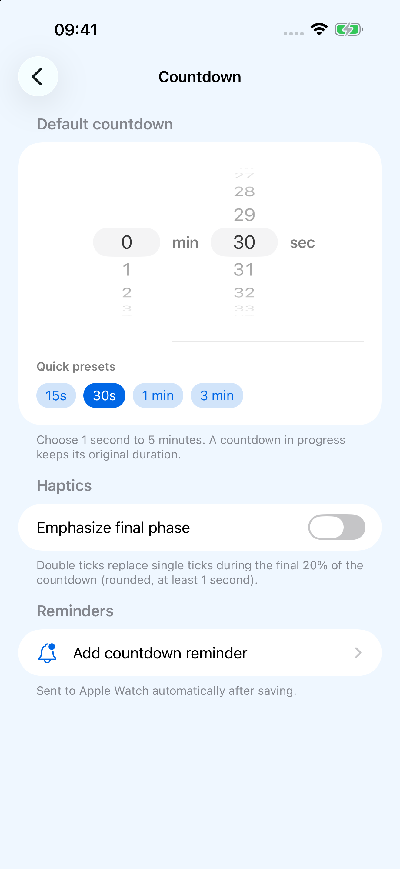 bluebell countdown settings on iPhone