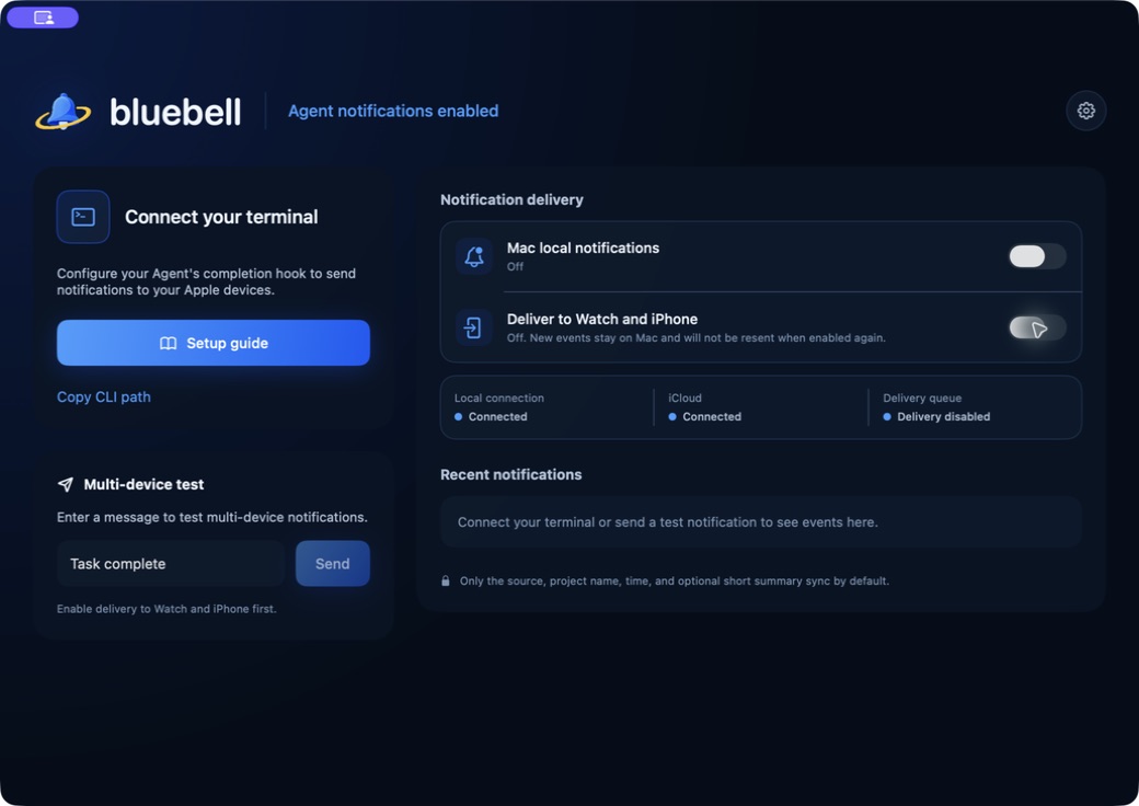 bluebell Mac Event Hub home screen with remote delivery disabled