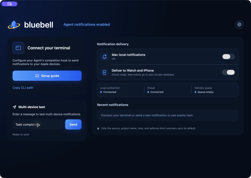 bluebell Mac Event Hub home screen with remote delivery enabled